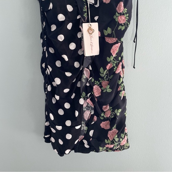 For Love And Lemons Mochi Shirred Mini Dress Black Floral Polka Print NWT XS - Picture 7 of 15